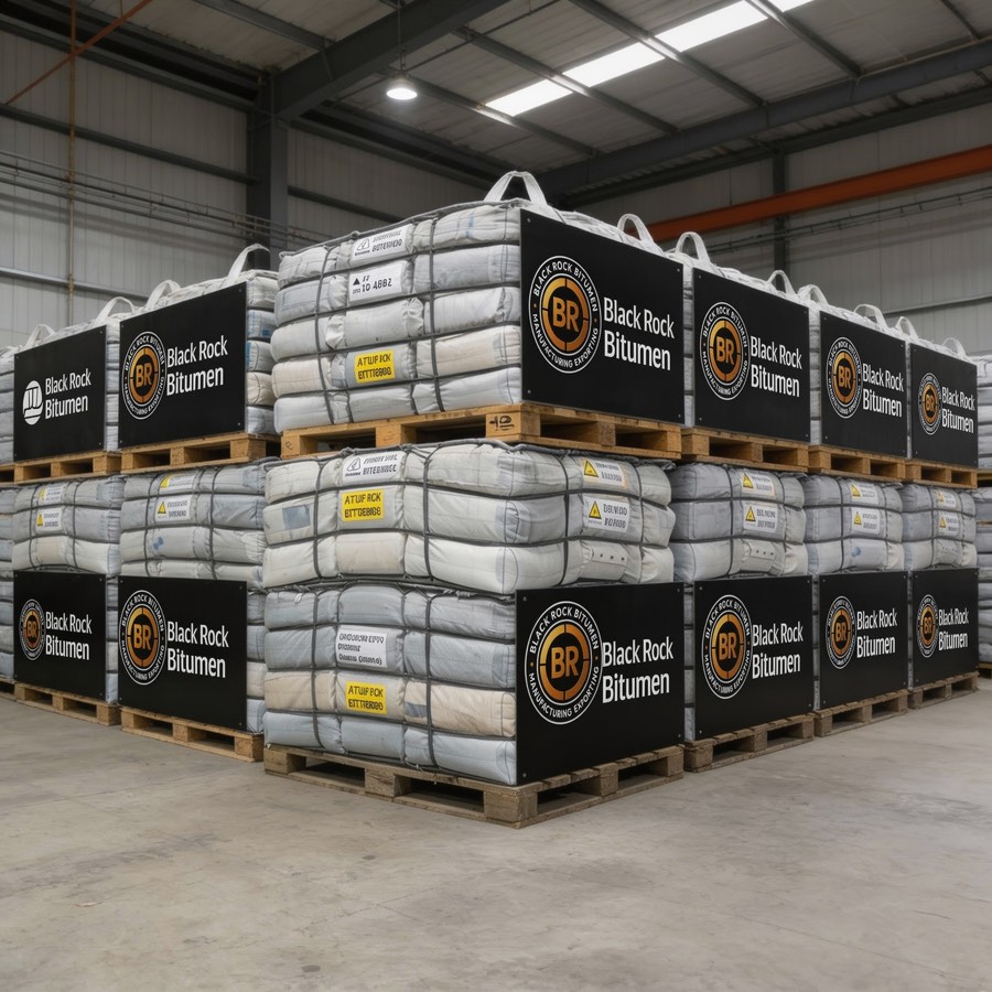 Stacked Black Rock Bitumen jumbo bags in a warehouse