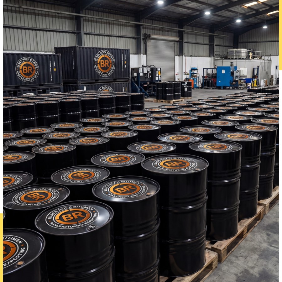 Warehouse of Black Rock Bitumen steel drums on pallets