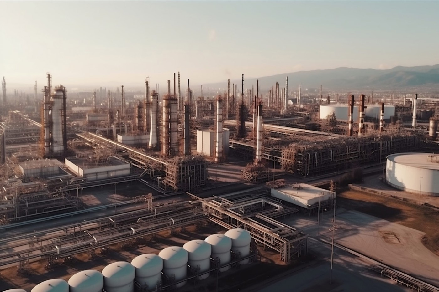 Refinery complex with pipelines and storage tanks in daylight