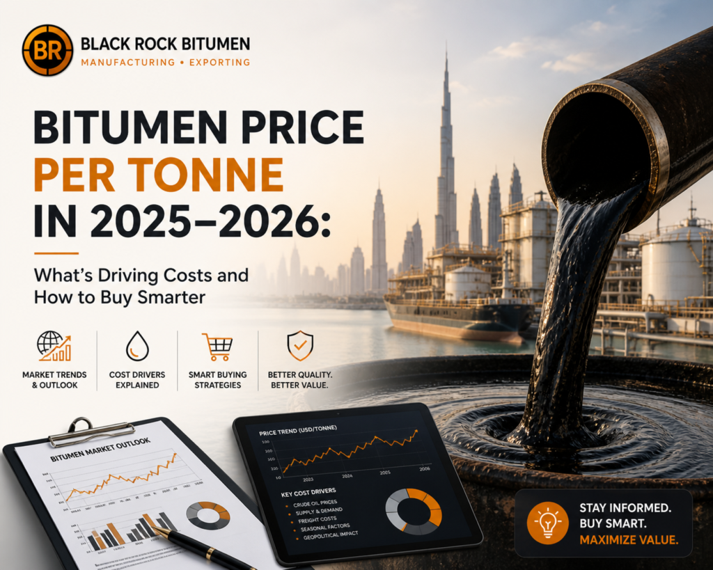 Bitumen price per tonne in 2025–2026 showing UAE market trends, cost drivers, and smart buying strategies with refinery and oil infrastructure background