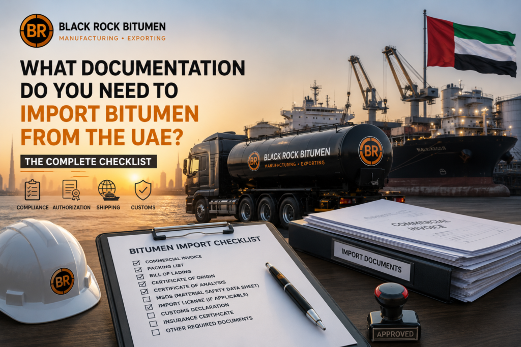 “Complete checklist of documents required to import bitumen from the UAE including commercial invoice, bill of lading, customs and shipping documents.”