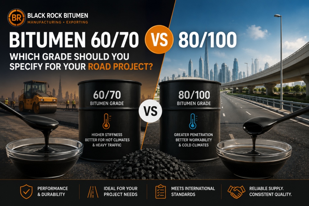 Comparison of Bitumen 60/70 vs 80/100 grades for road construction projects showing performance, climate suitability, and road application differences.
