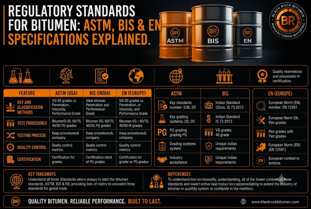 Detailed infographic by Black Rock Bitumen explaining regulatory standards for bitumen, comparing ASTM (USA), BIS (India), and EN (Europe) specifications for key methods, test procedures, and certification.