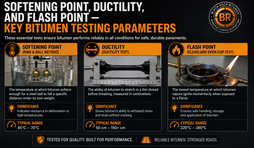 Softening Point, Ductility, and Flash Point — Key Bitumen Testing Parameters.