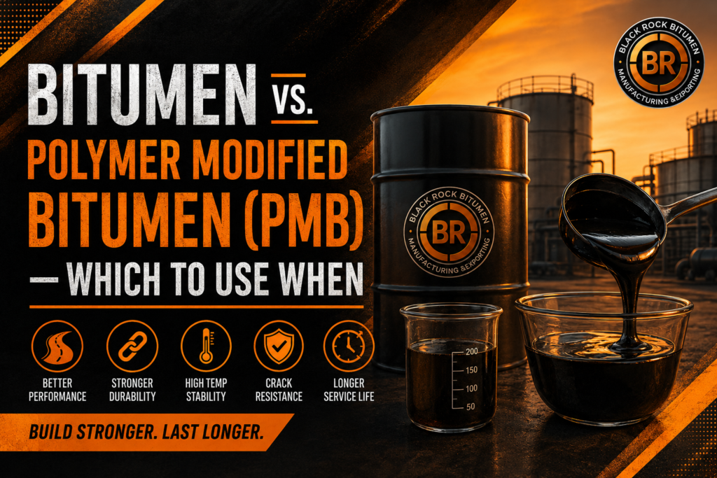Bitumen vs. Polymer Modified Bitumen (PMB) comparison showing key performance differences, durability, temperature stability, crack resistance, and suitable applications.