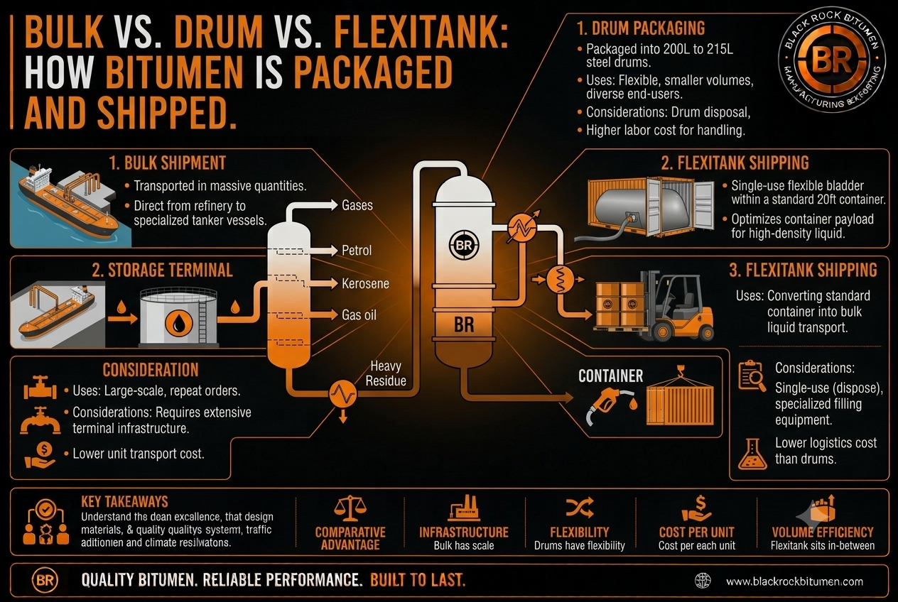 Bulk vs. Drum vs. Flexitank: How Bitumen Is Packaged and Shipped
