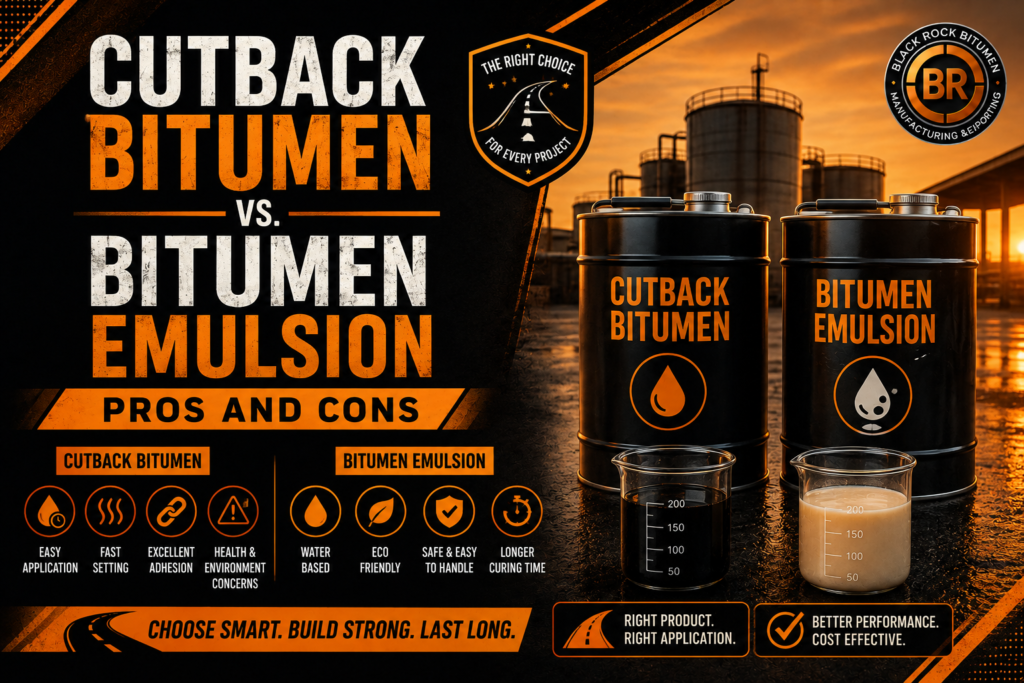 Cutback Bitumen vs. Bitumen Emulsion comparison showing their pros and cons, application methods, environmental considerations, handling, curing time, and performance.