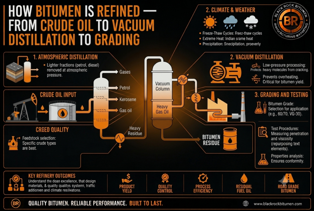 Infographic by Black Rock Bitumen showing the bitumen refining process from crude oil input to vacuum distillation and final grading.