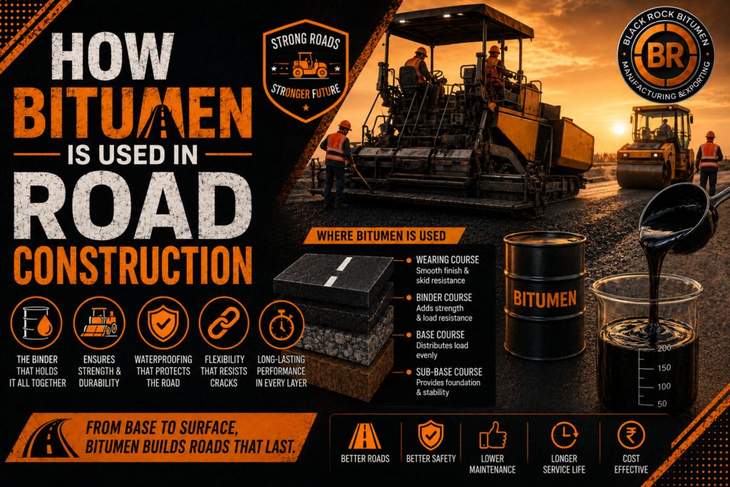 Bitumen used in road construction, showing asphalt paving, road layers, binder and wearing courses, waterproofing, flexibility, strength, and long-lasting pavement performance.