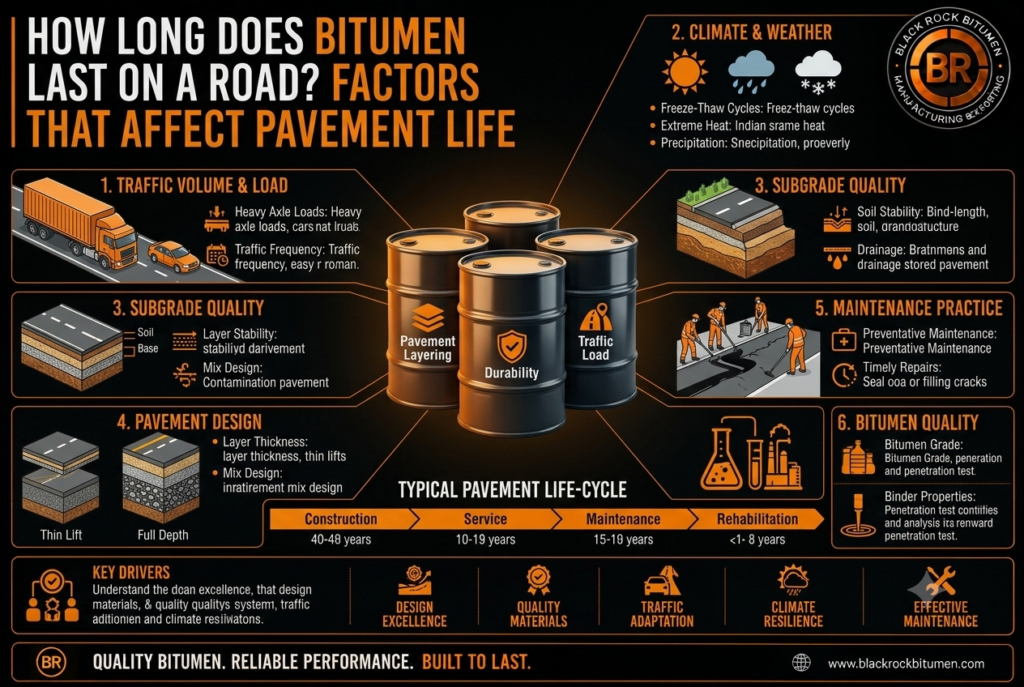 Infographic by Black Rock Bitumen explaining how long bitumen lasts on roads and key factors affecting pavement lifespan, including traffic load, climate, subgrade quality, pavement design, maintenance, and bitumen quality.
