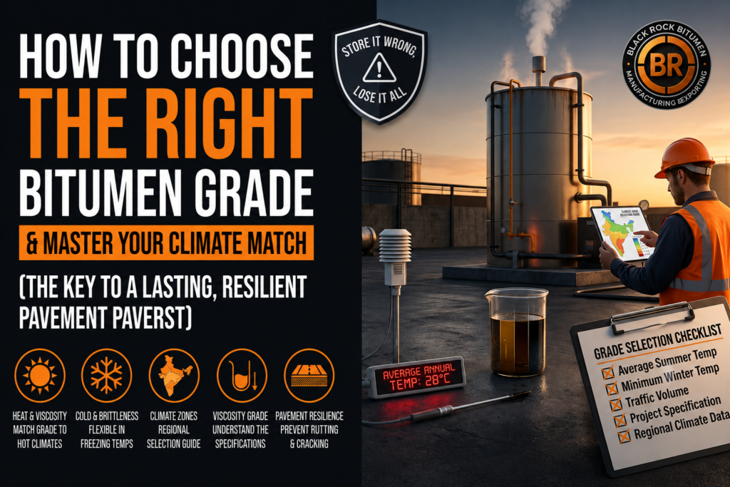 Bitumen grade selection guide showing how climate, temperature, traffic volume, viscosity grade, and pavement conditions affect bitumen choice.