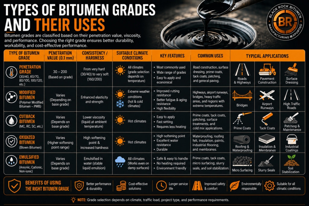Types of bitumen grades and their uses, showing penetration, modified, cutback, oxidized, and emulsified bitumen grades with their properties, climate suitability, and applications.