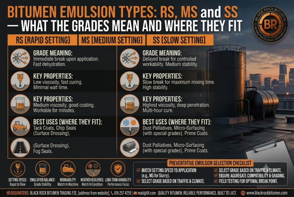 Black Rock Bitumen infographic outlining RS, MS, and SS bitumen emulsion types, operational parameters, curing times, and application best practices.