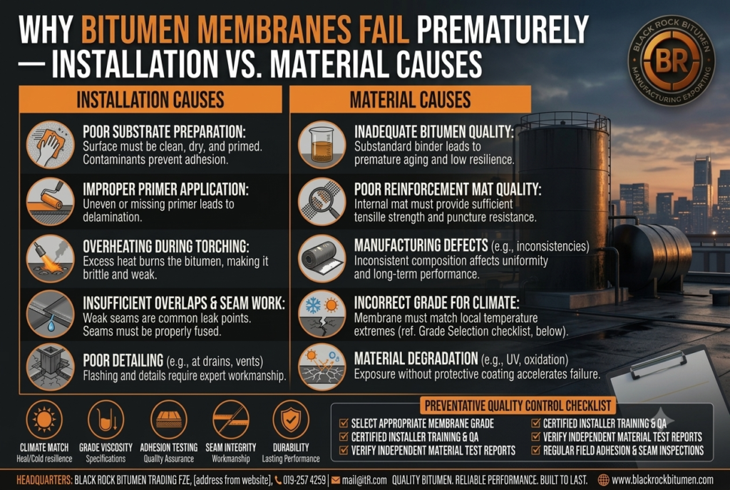 Black Rock Bitumen infographic on premature membrane failures, comparing installation versus material causes, with quality control checklists.