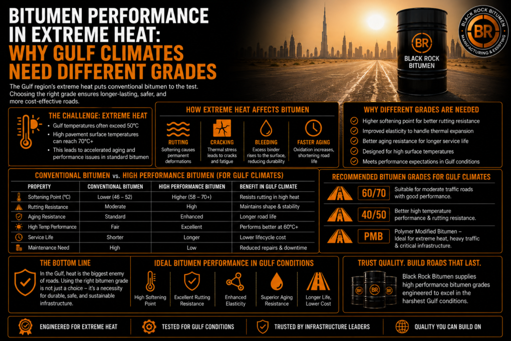 Bitumen performance in extreme Gulf heat showing how high temperatures affect rutting, cracking, bleeding, aging, and the selection of suitable bitumen grades.