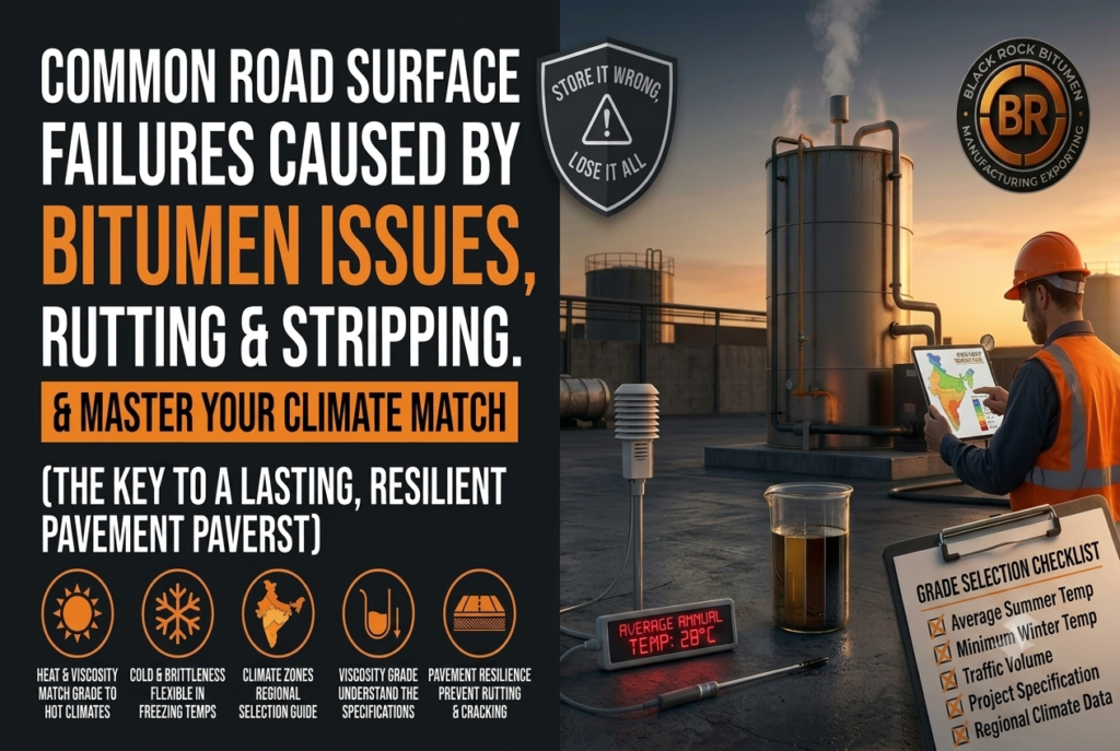 Black Rock Bitumen infographic on preventing road failures like bleeding, rutting, and stripping through proper climate matching, storage, lab testing, and quality control.
