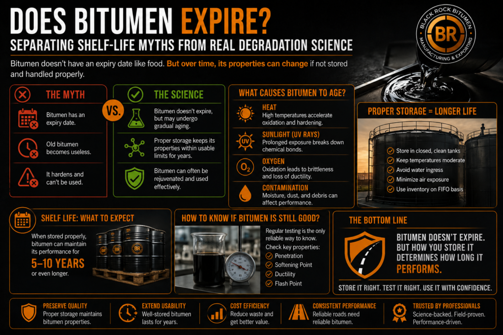 Infographic explaining bitumen shelf life and storage best practices by Black Rock Bitumen.