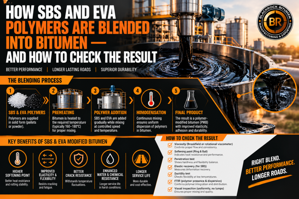 SBS and EVA polymers being blended into bitumen, showing the polymer mixing process, homogenisation, modified bitumen benefits, and quality testing methods.