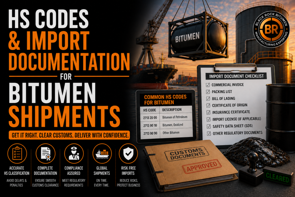 HS codes and import documentation guide for bitumen shipments, showing common HS codes, required import documents, customs clearance, and shipping compliance.