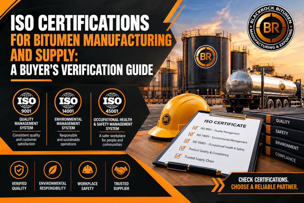 ISO certifications for bitumen manufacturing and supply showing ISO 9001, ISO 14001, and ISO 45001 verification for quality, environmental management, and workplace safety.