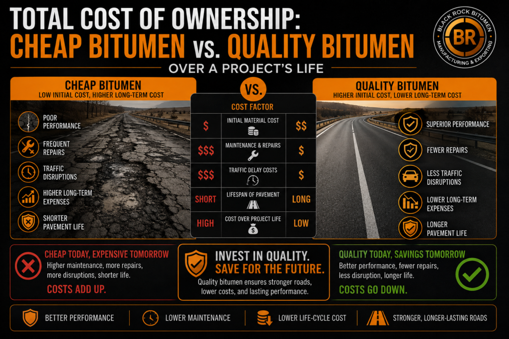 Infographic comparing cheap vs. quality bitumen total cost of ownership over a project's lifecycle by Black Rock Bitumen.