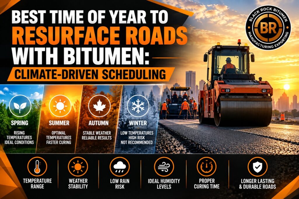 Best time of year to resurface roads with bitumen, showing climate-driven scheduling based on temperature, weather stability, rainfall, humidity and seasonal paving conditions.