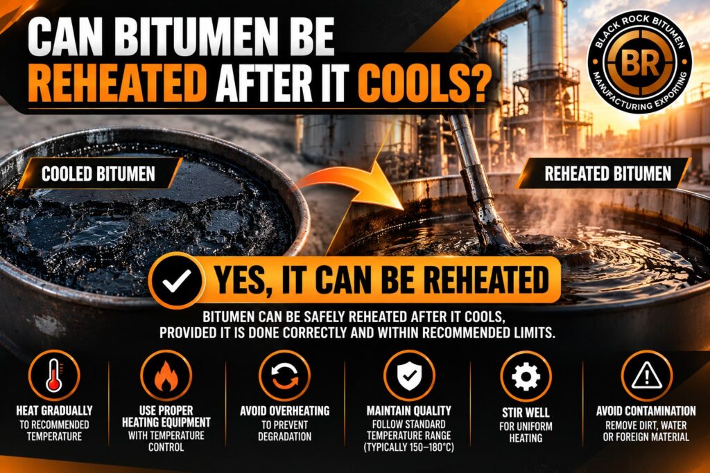 Can bitumen be reheated after it cools, showing cooled and reheated bitumen with controlled heating, temperature management and safe reheating practices.
