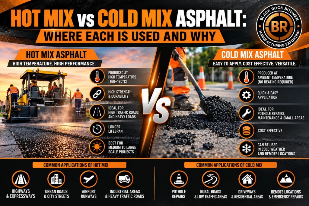 Hot mix vs cold mix asphalt comparison showing where each type is used, including highways, urban roads, pothole repairs, driveways and remote locations.